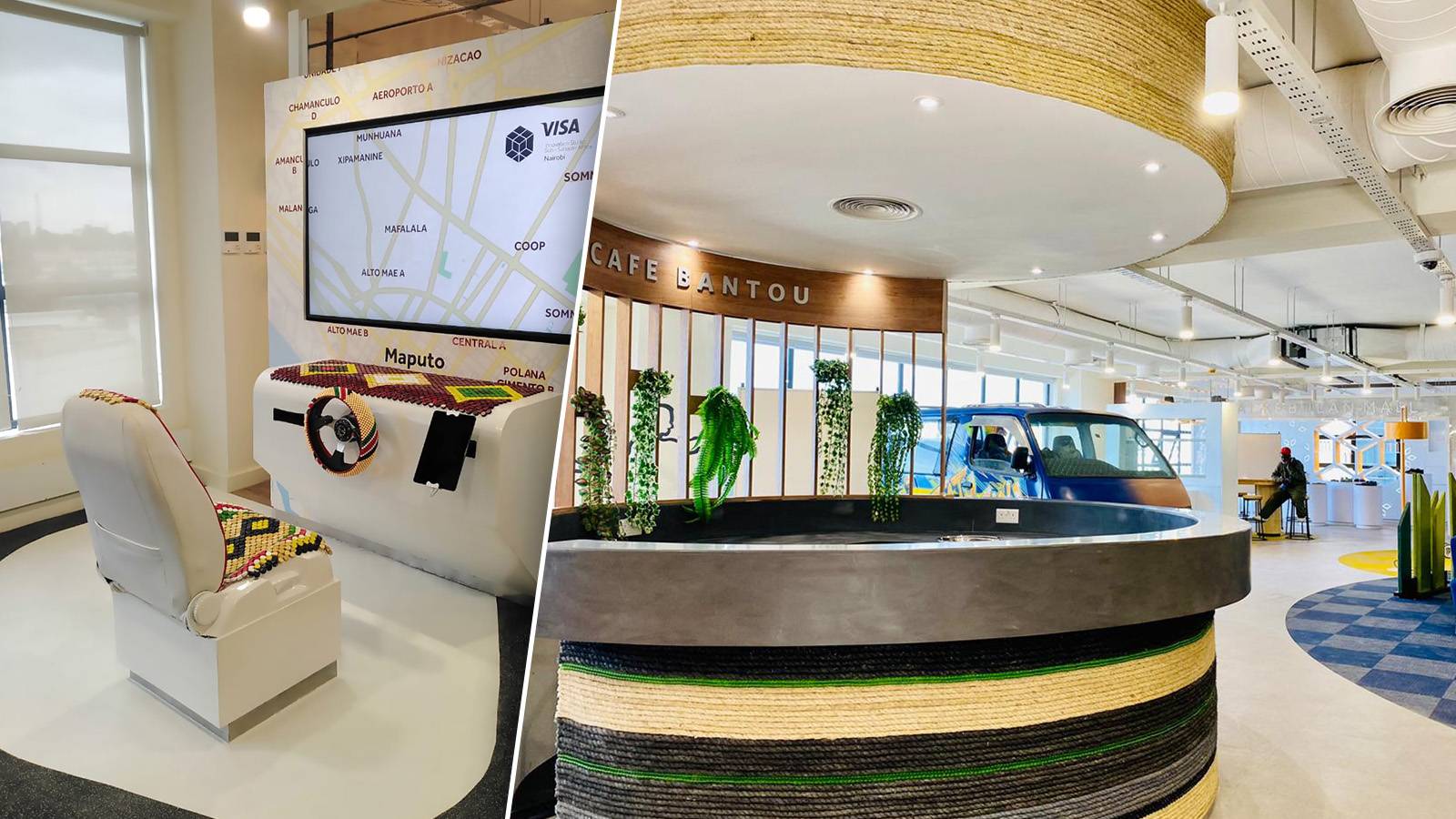 Interior do CEMEA Innovation Center com recepção, sofá e tela com o logotipo da Visa