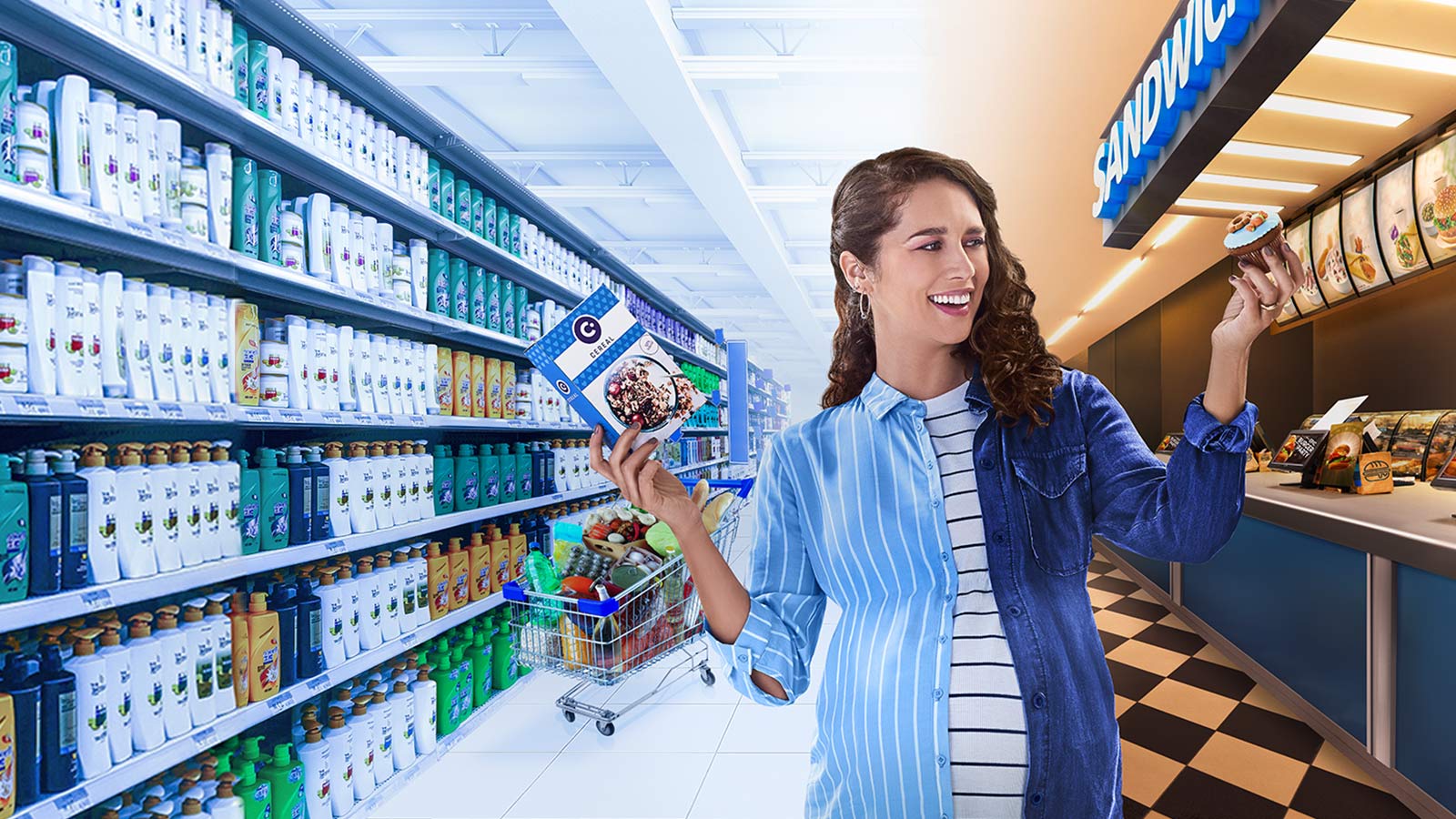 Mujer embarazada posando en supermercado